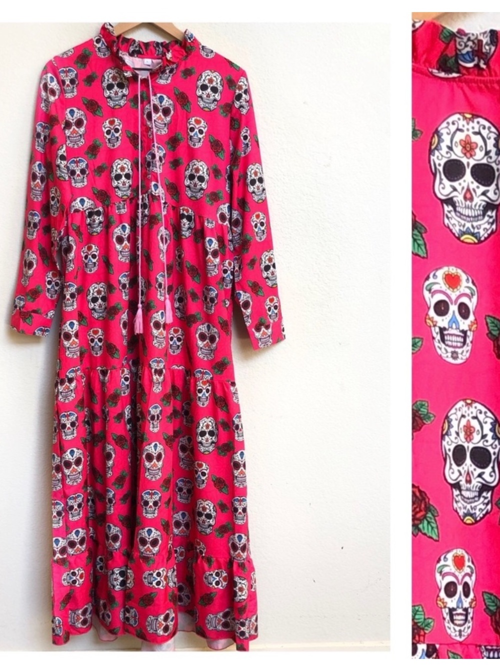 Candy Skull Bright Hot Pink Prairie Cottage Style Maxi Dress Size L